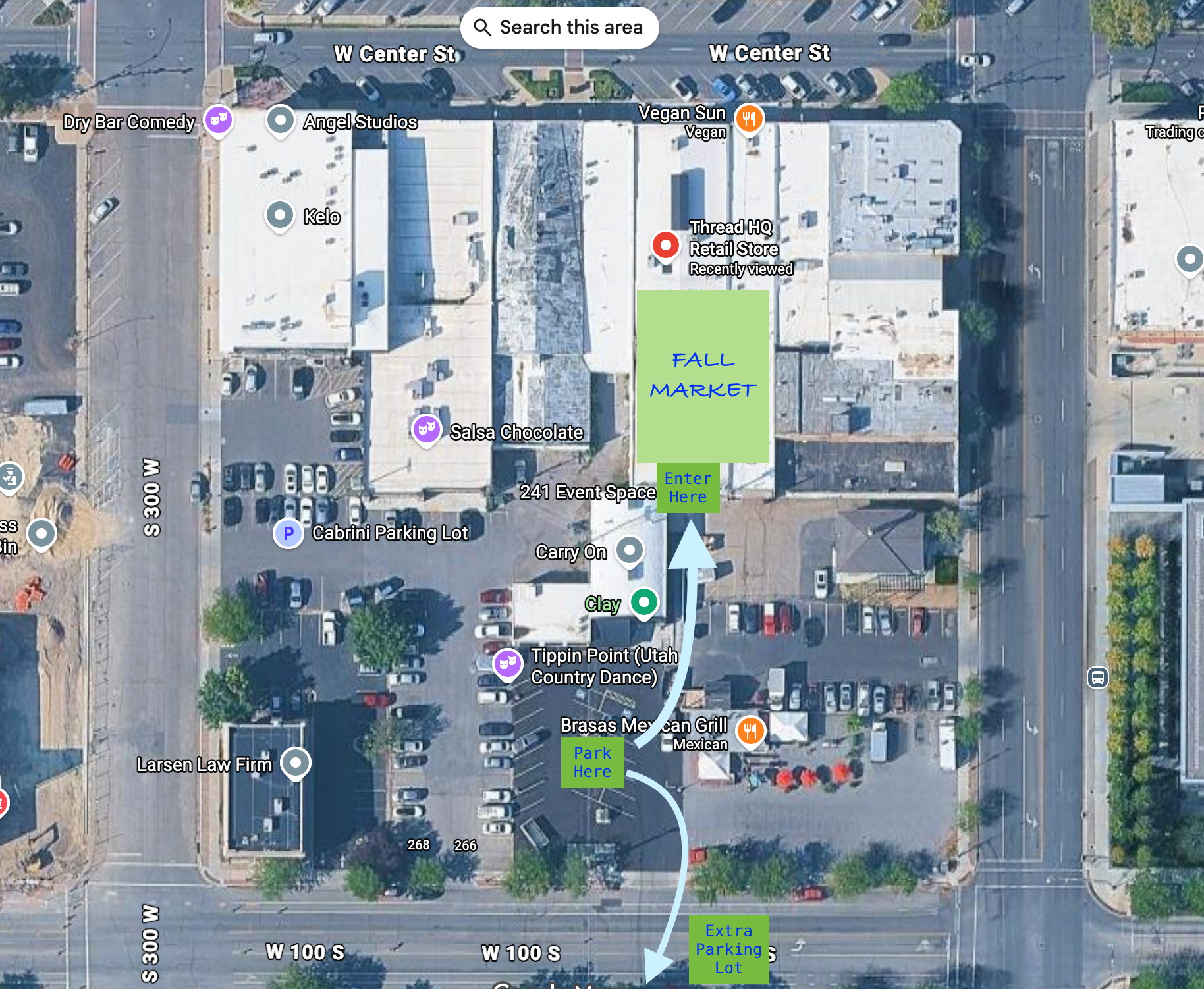 Cria Collective’s annotated Fall Market map: market space behind Thread HQ on West Center Street, entrance on the south side, parking south of the venue and an extra parking lot across West 100 South.